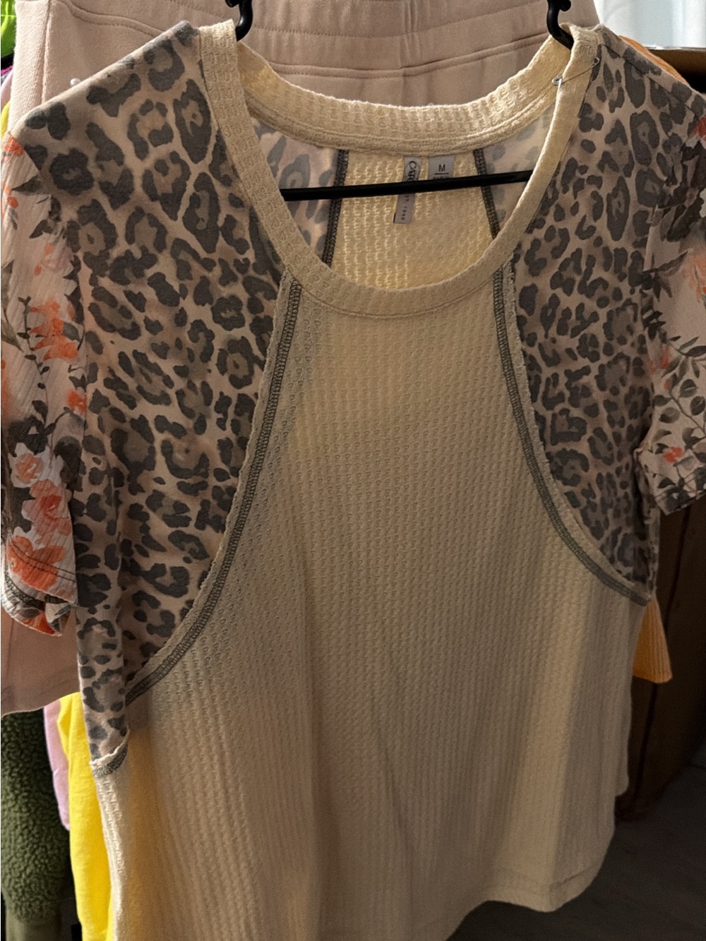 Cato Cream Short-Sleeve Mixed Print Top with Floral Mesh Sleeves